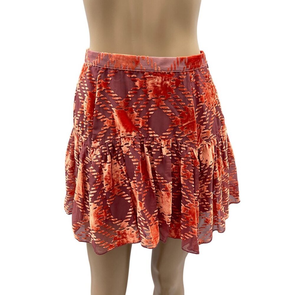 Urban Outfitters Womens Mini Tiered Skirt Side Burnout‎ Velvet Red Orange S NWT
